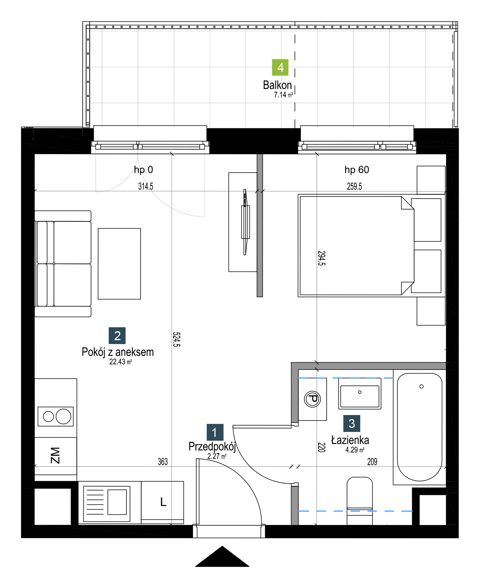 Plan 1 pok. 29m²