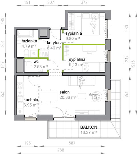 Plan 3 pok. 61m²