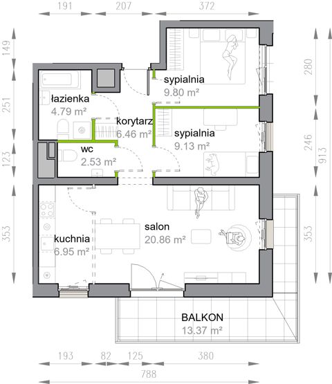 Plan 3 pok. 61m²