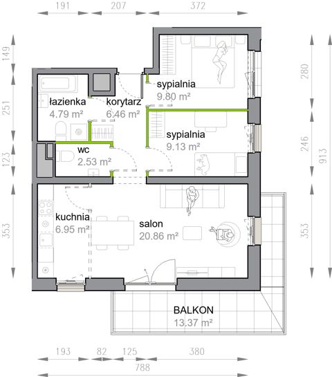 Plan 3 pok. 61m²