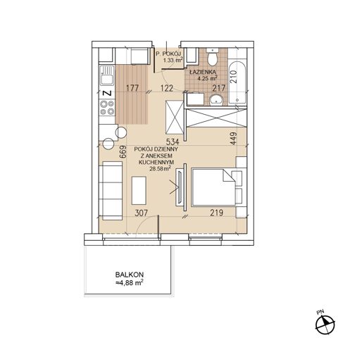 Plan 1 pok. 34m²