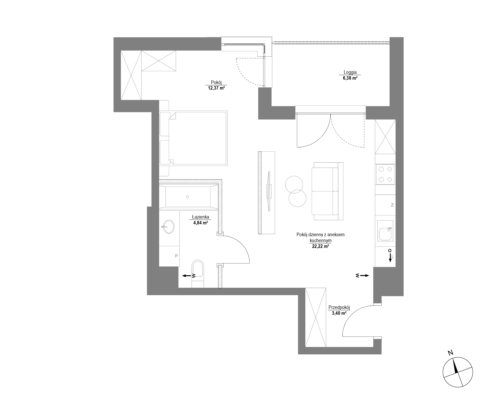 Plan 1 pok. 43m²